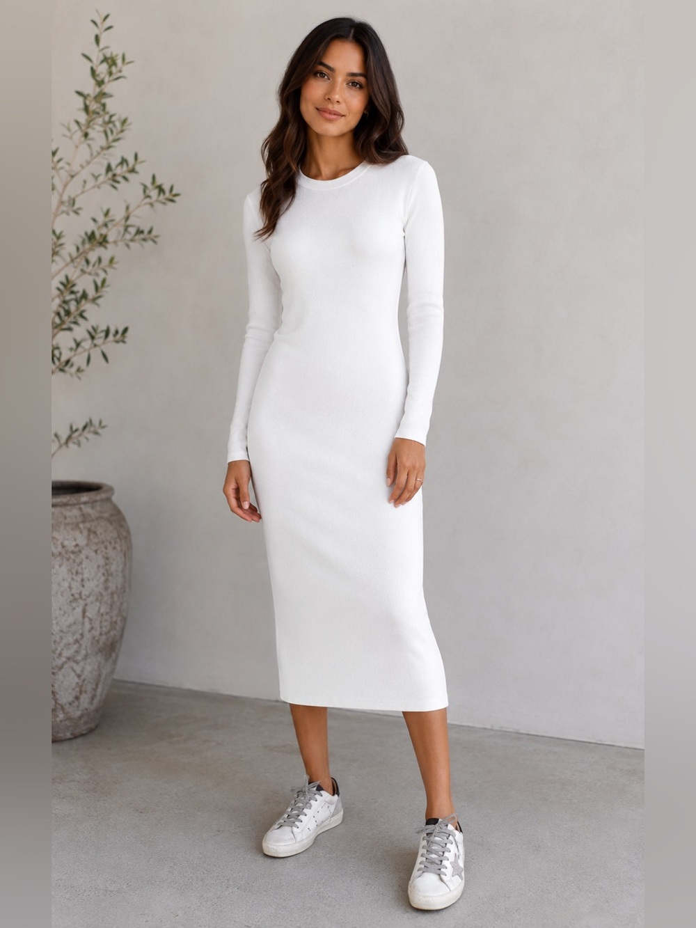 Treasure & Bond Ivory Ribbed Knit Long Sleeve Bodycon Midi Dress Minimalist S